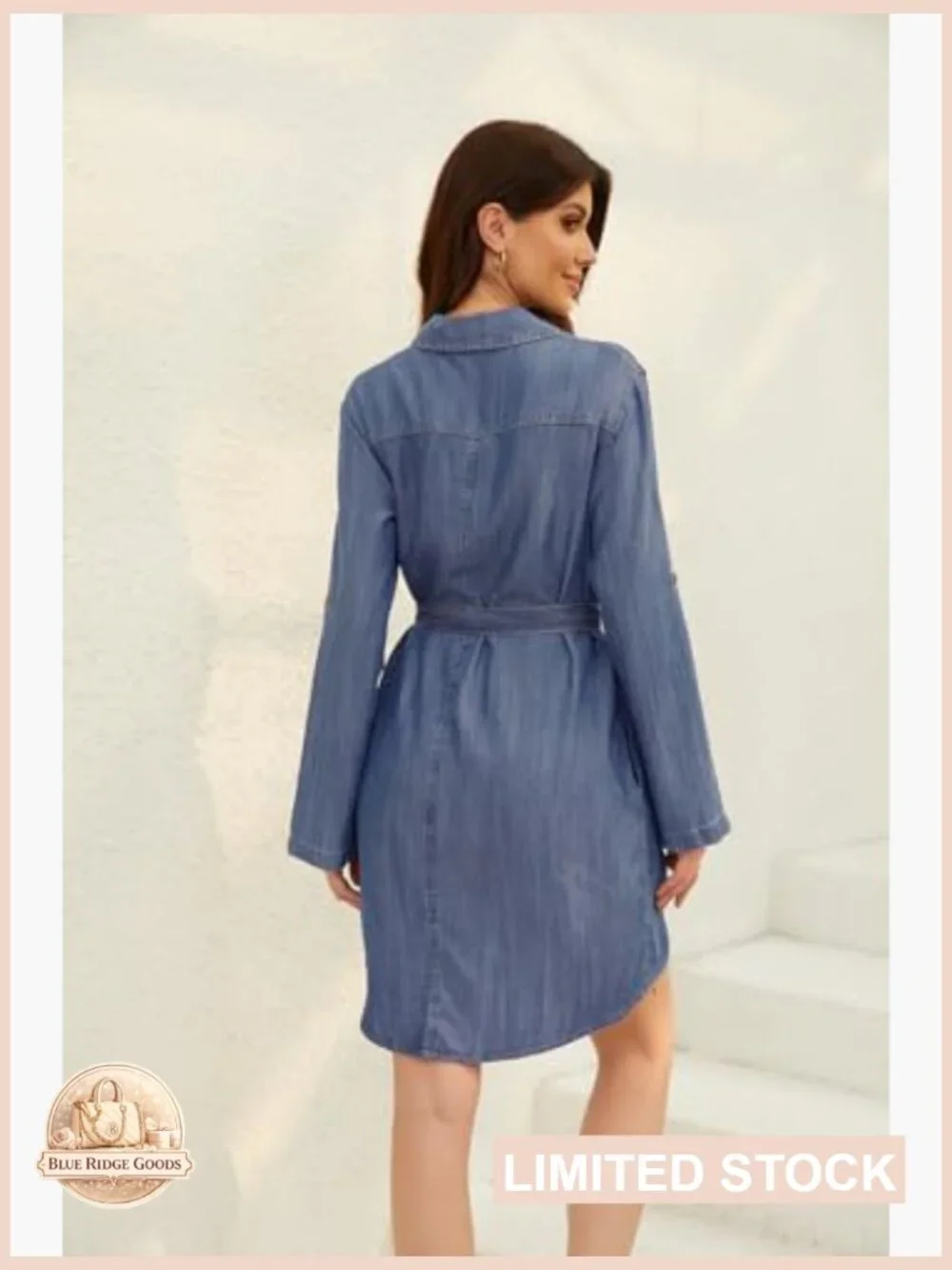 Denim Shirt Dress Casual Button Down Tie Waist Long Sleeve Midi Wrap Style - Picture 4 of 7